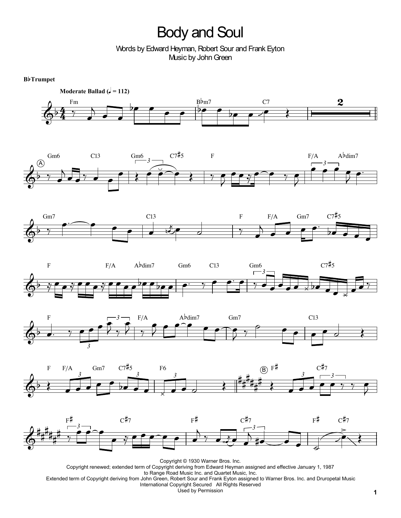 Louis Armstrong Body And Soul Sheet Music Notes & Chords for Trumpet Transcription - Download or Print PDF