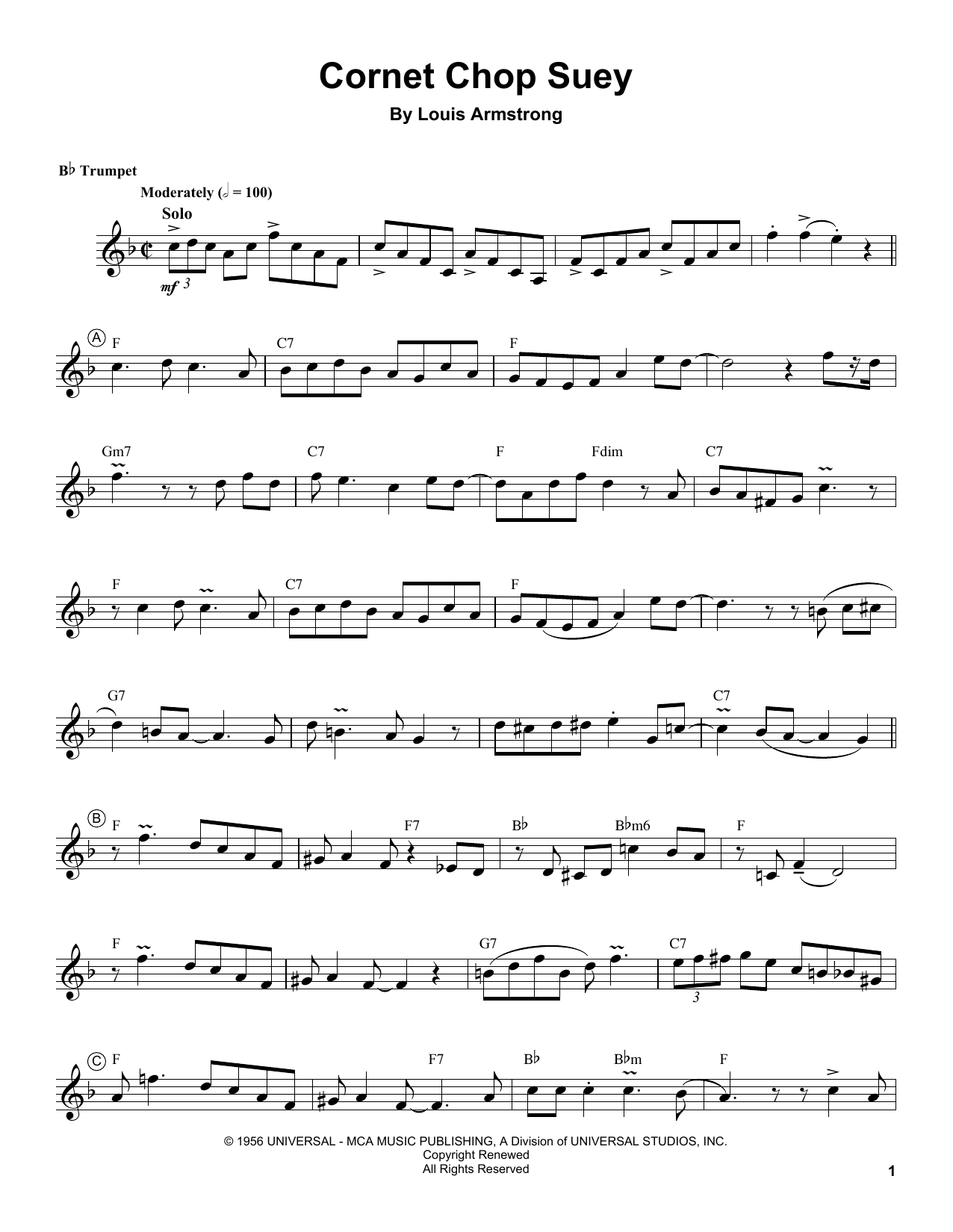 Louis Armstrong Cornet Chop Suey Sheet Music Notes & Chords for Trumpet Transcription - Download or Print PDF