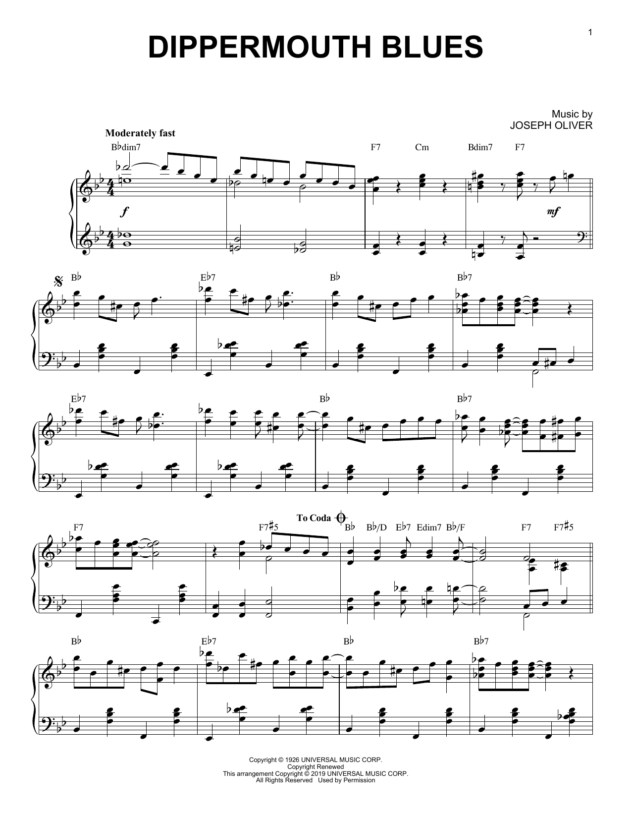 Louis Armstrong Dippermouth Blues [Jazz version] Sheet Music Notes & Chords for Piano Solo - Download or Print PDF