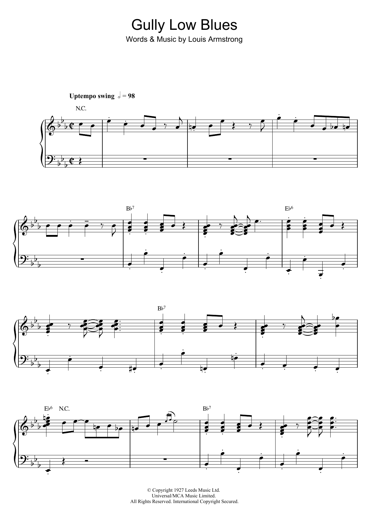 Louis Armstrong Gully Low Blues Sheet Music Notes & Chords for Piano, Vocal & Guitar - Download or Print PDF