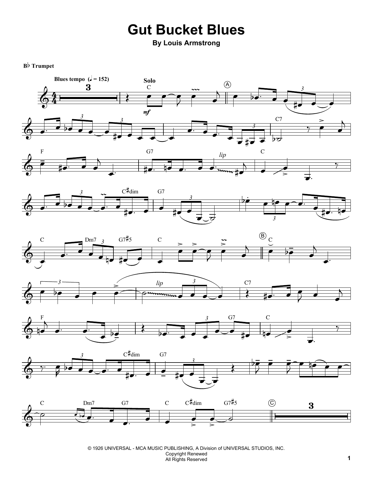 Louis Armstrong Gut Bucket Blues Sheet Music Notes & Chords for Trumpet Transcription - Download or Print PDF