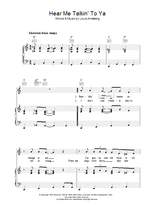 Louis Armstrong Hear Me Talkin' To Ya Sheet Music Notes & Chords for Piano, Vocal & Guitar (Right-Hand Melody) - Download or Print PDF Louis Armstrong Hear Me Talkin' To Ya Sheet Music Notes & Chords for Piano, Vocal & Guitar (Right-Hand Melody) - Download or Print PDF