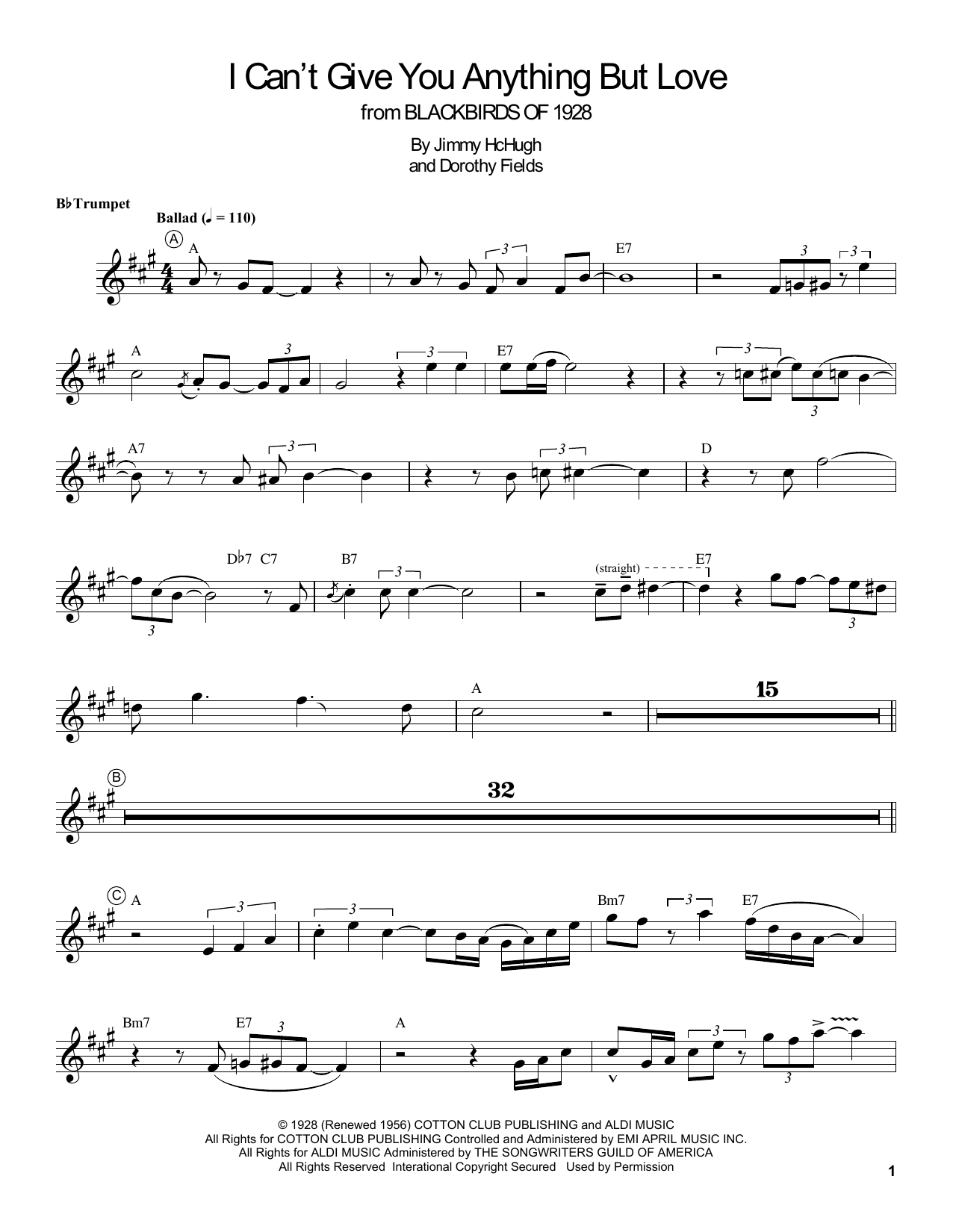 Louis Armstrong I Can't Give You Anything But Love Sheet Music Notes & Chords for Trumpet Transcription - Download or Print PDF