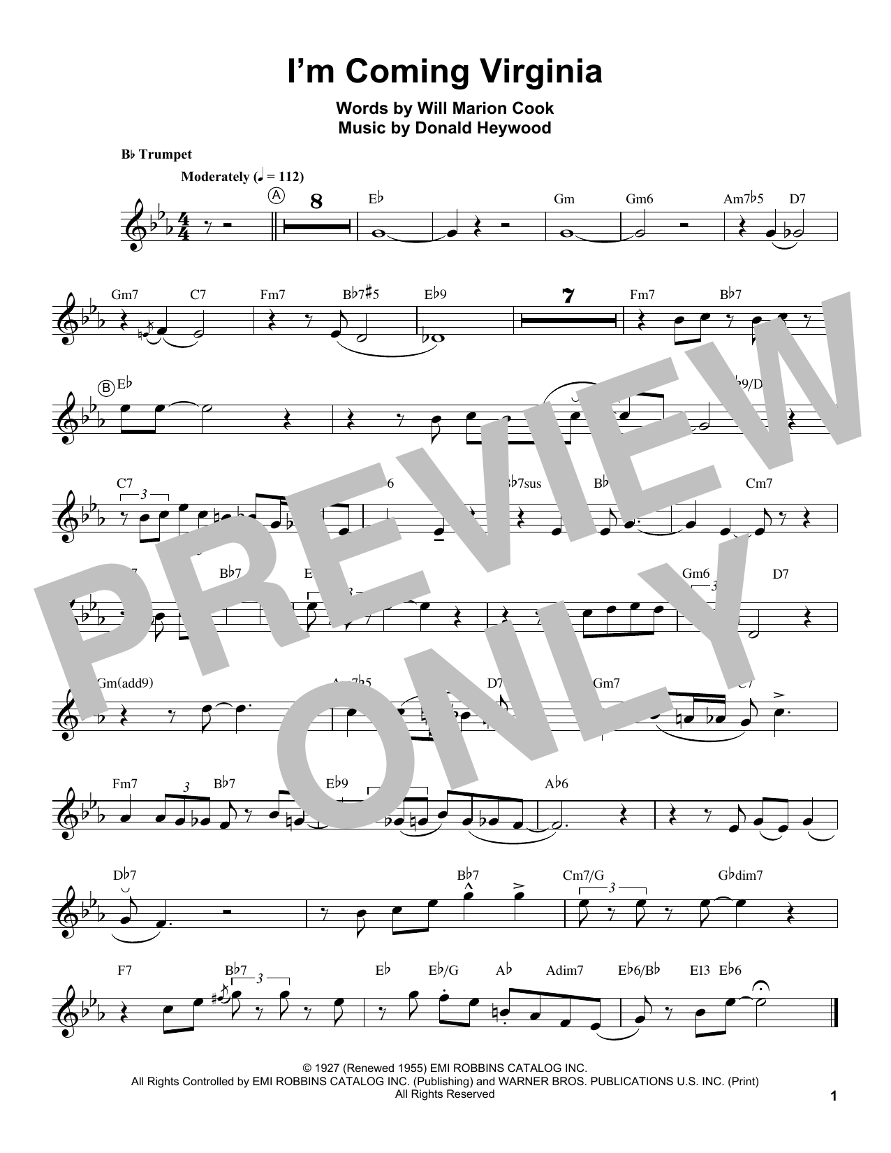 Louis Armstrong I'm Coming Virginia Sheet Music Notes & Chords for Trumpet Transcription - Download or Print PDF