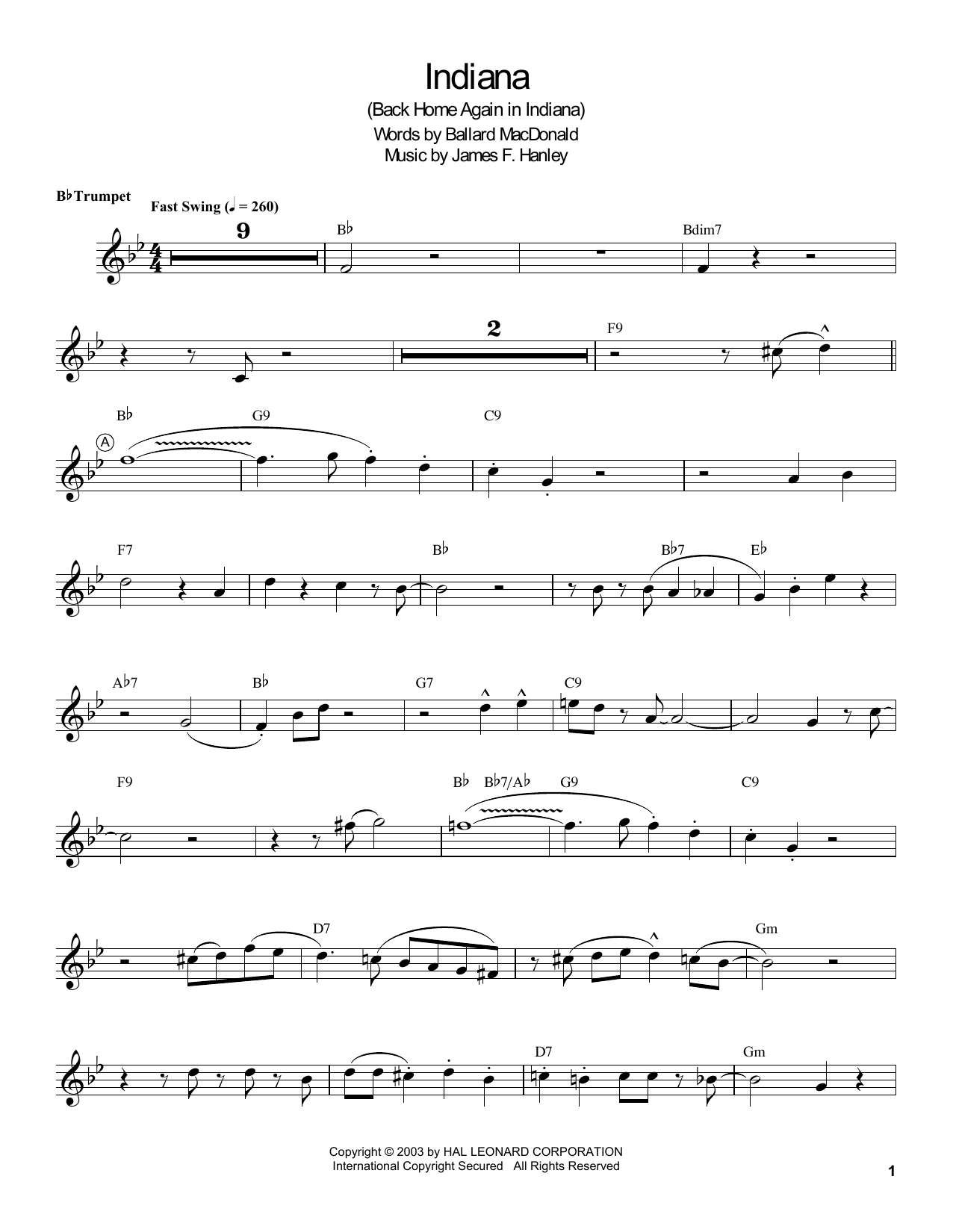 Louis Armstrong Indiana (Back Home Again In Indiana) Sheet Music Notes & Chords for Trumpet Transcription - Download or Print PDF