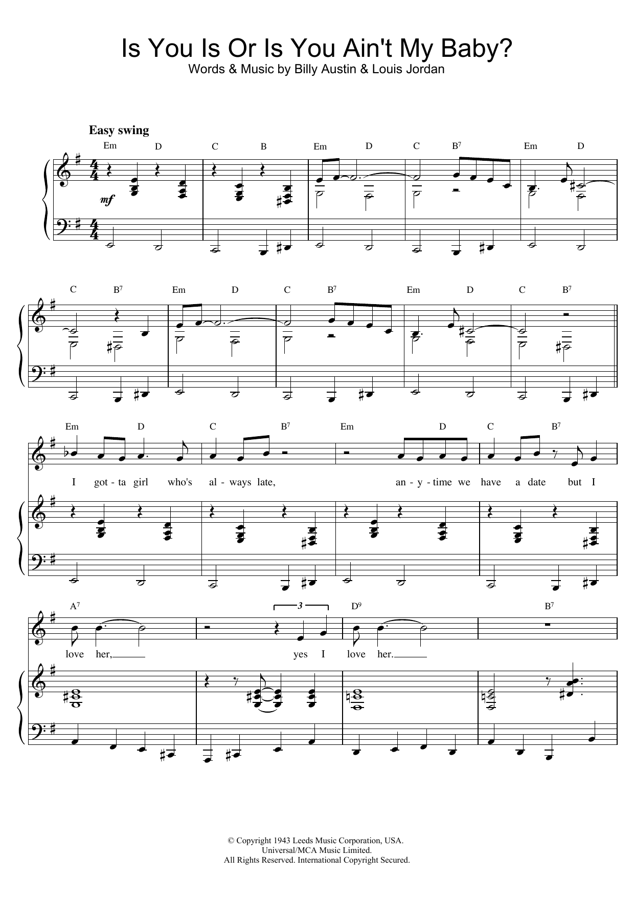 Louis Armstrong Is You Is Or Is You Ain't My Baby? Sheet Music Notes & Chords for Piano & Vocal - Download or Print PDF