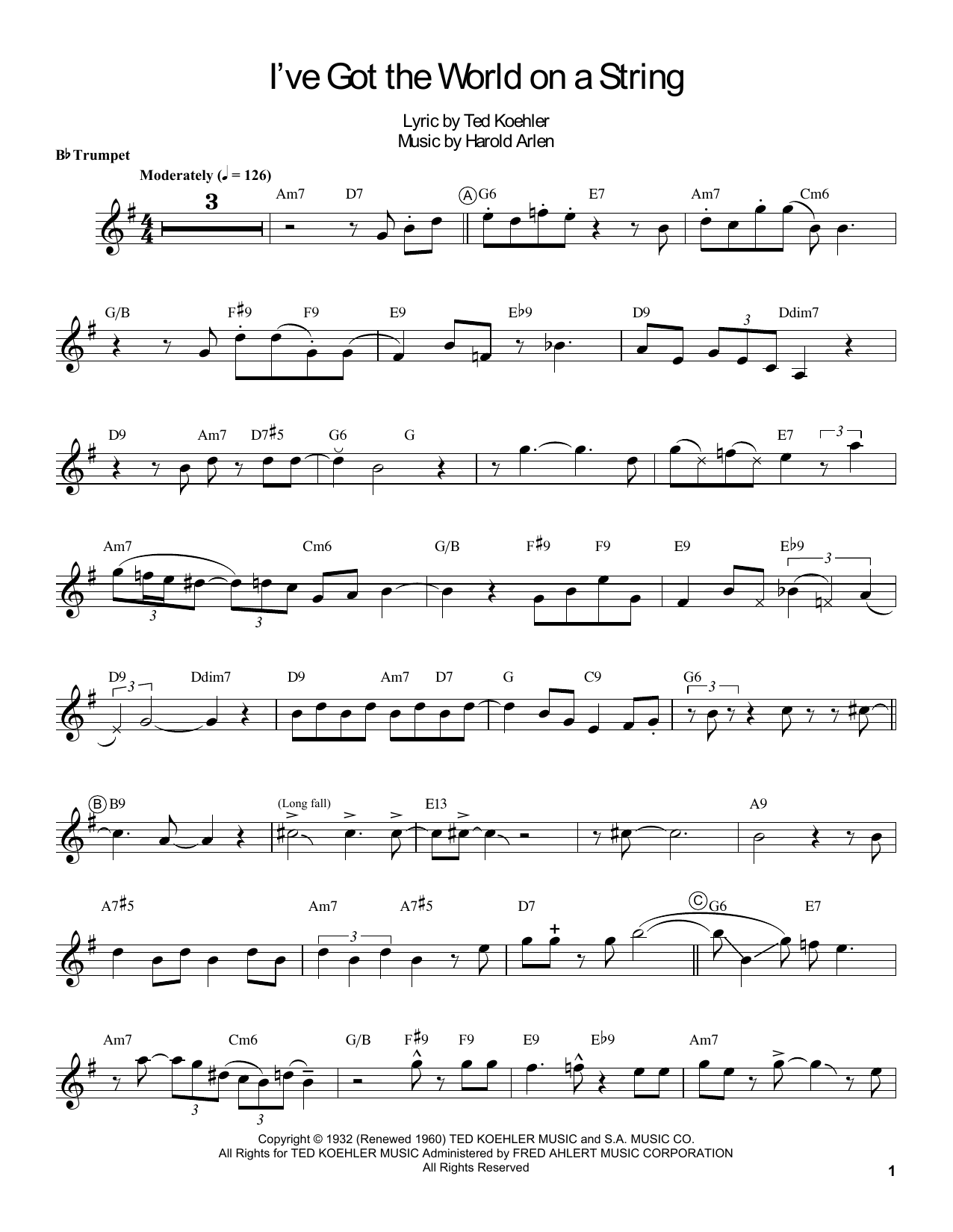 Louis Armstrong I've Got The World On A String Sheet Music Notes & Chords for Trumpet Transcription - Download or Print PDF