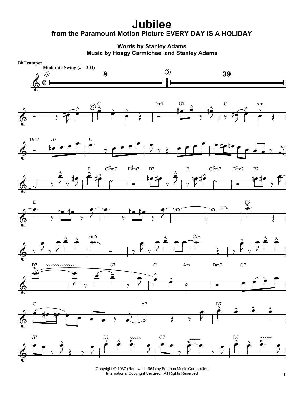 Louis Armstrong Jubilee Sheet Music Notes & Chords for Trumpet Transcription - Download or Print PDF