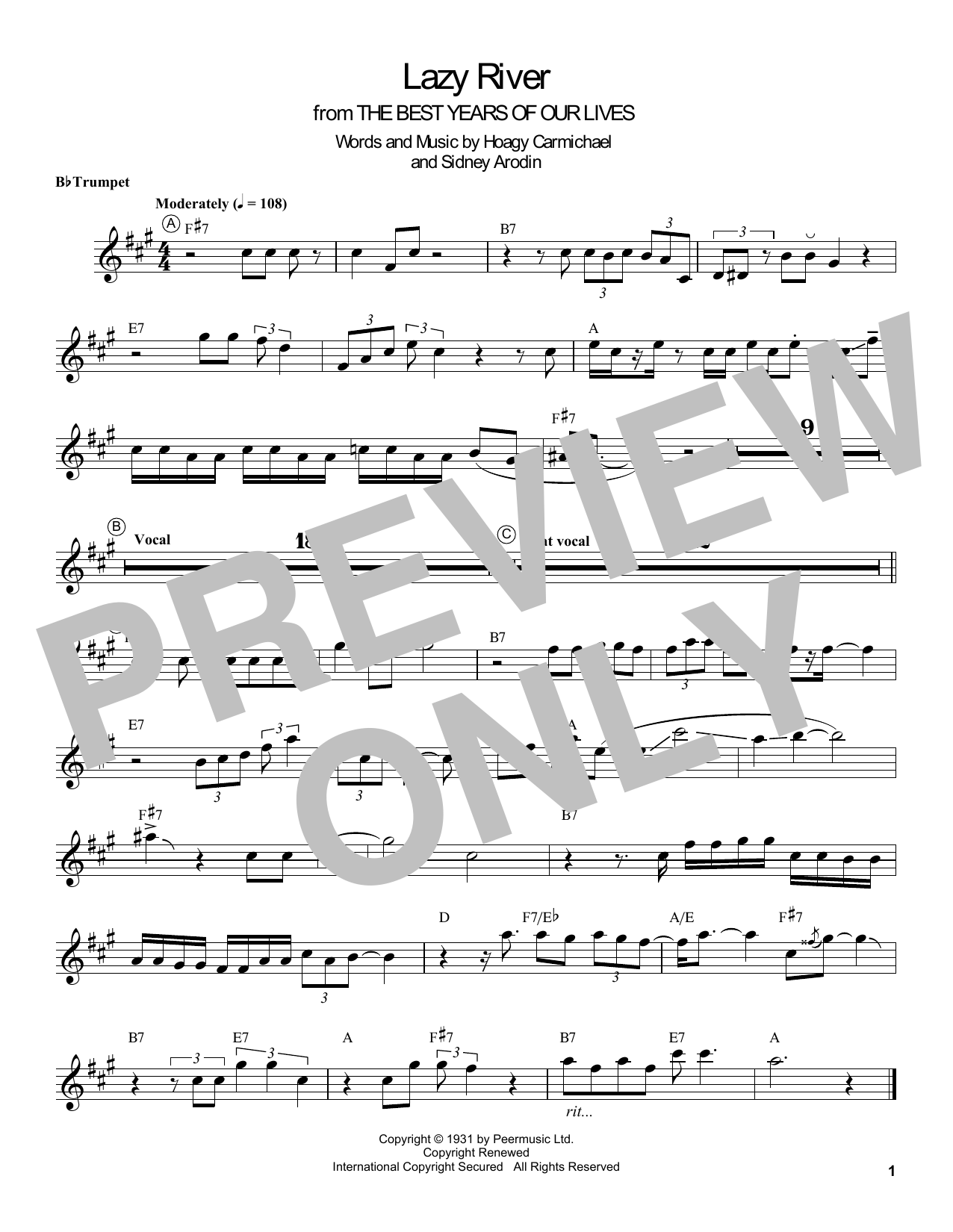 Louis Armstrong Lazy River Sheet Music Notes & Chords for Trumpet Transcription - Download or Print PDF