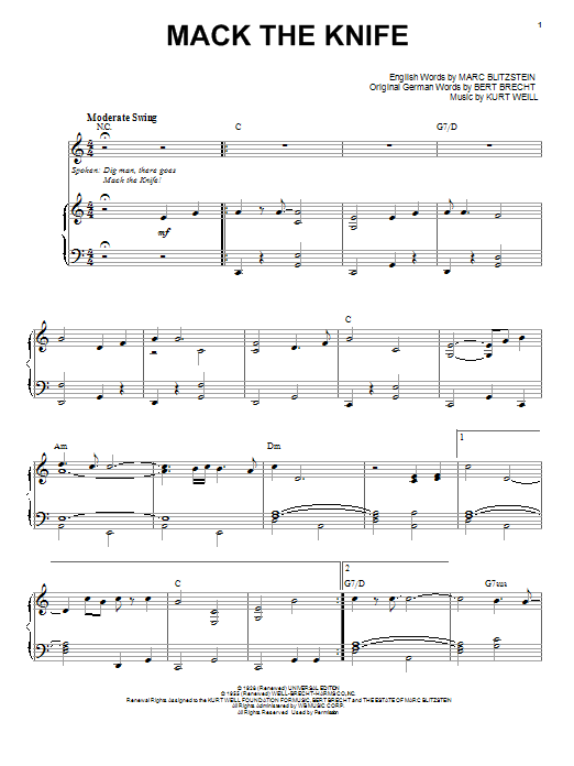 Louis Armstrong Mack The Knife Sheet Music Notes & Chords for Piano & Vocal - Download or Print PDF