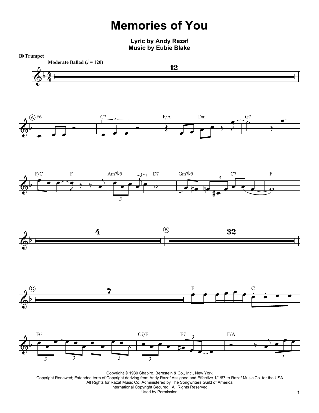 Louis Armstrong Memories Of You Sheet Music Notes & Chords for Trumpet Transcription - Download or Print PDF