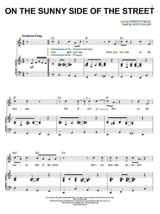 Louis Armstrong On The Sunny Side Of The Street Sheet Music Notes & Chords for Piano, Vocal & Guitar (Right-Hand Melody) - Download or Print PDF