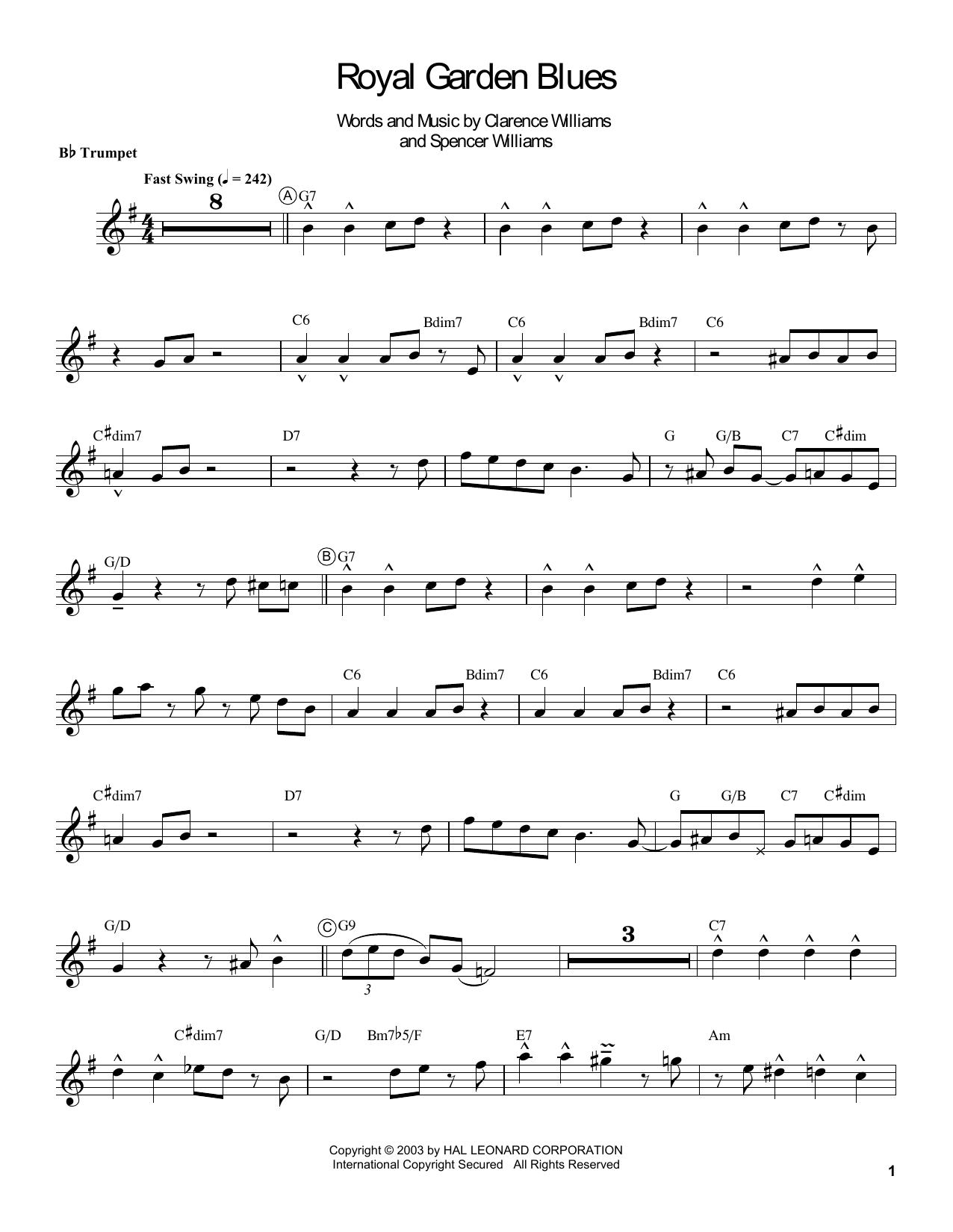 Louis Armstrong Royal Garden Blues Sheet Music Notes & Chords for Trumpet Transcription - Download or Print PDF