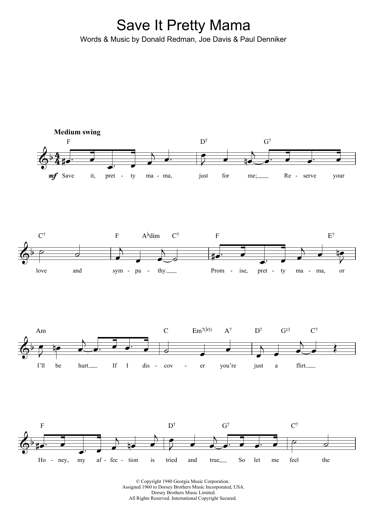Louis Armstrong Save It Pretty Mama Sheet Music Notes & Chords for Melody Line, Lyrics & Chords - Download or Print PDF