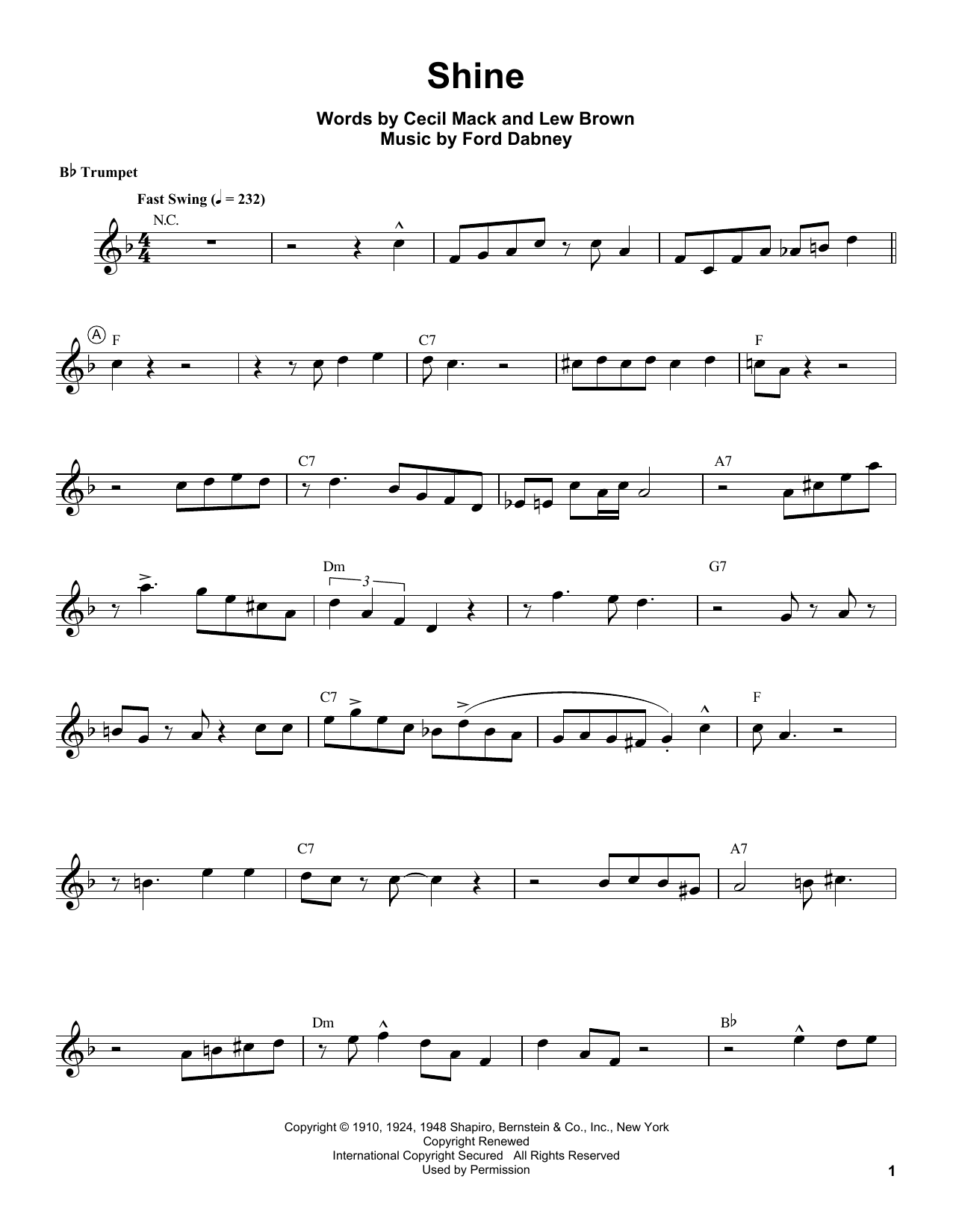 Louis Armstrong Shine Sheet Music Notes & Chords for Trumpet Transcription - Download or Print PDF