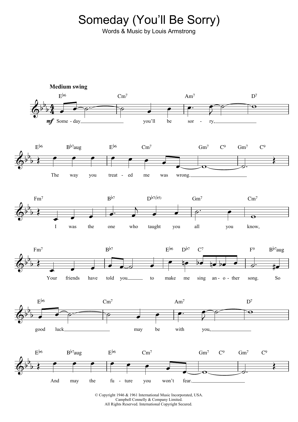 Louis Armstrong Someday (You'll Be Sorry) Sheet Music Notes & Chords for Melody Line, Lyrics & Chords - Download or Print PDF