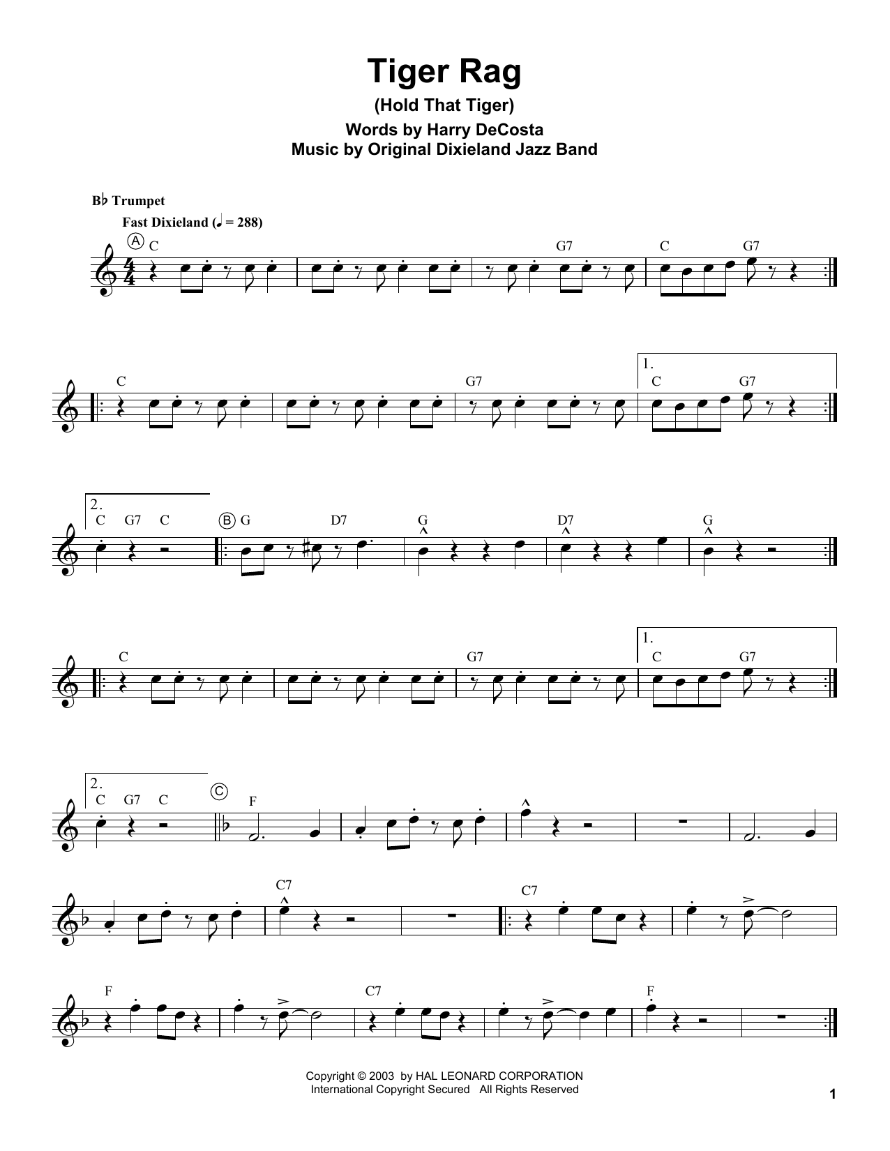 Louis Armstrong Tiger Rag (Hold That Tiger) Sheet Music Notes & Chords for Trumpet Transcription - Download or Print PDF