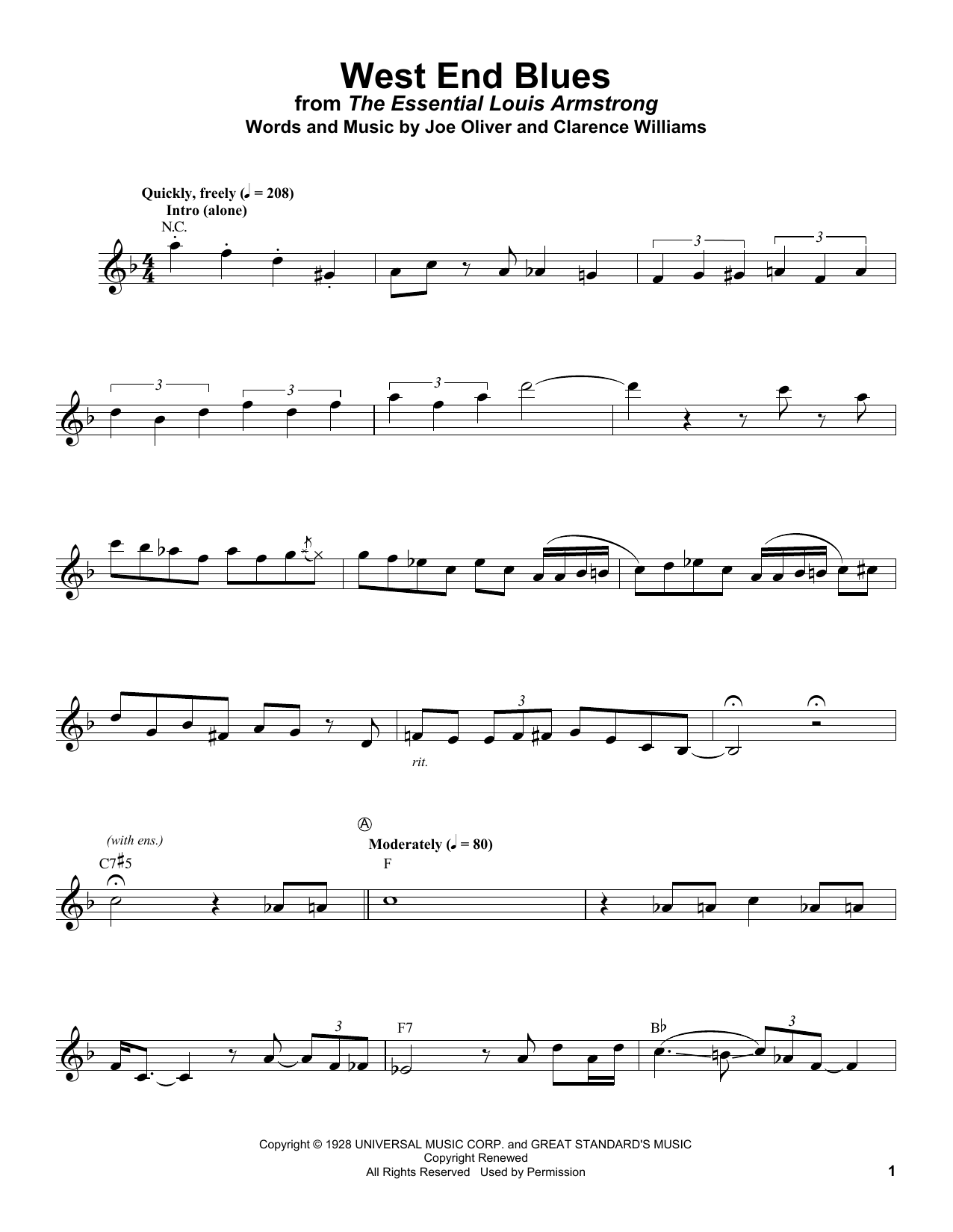 Louis Armstrong West End Blues Sheet Music Notes & Chords for Trumpet Transcription - Download or Print PDF