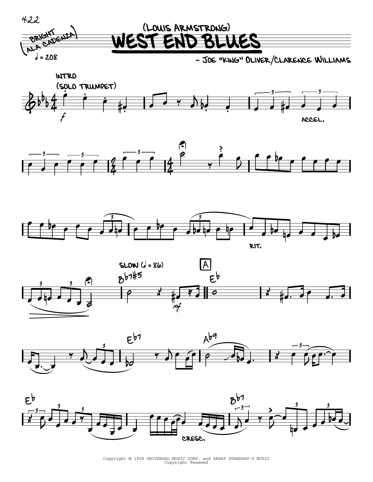 Louis Armstrong West End Blues (solo only) Sheet Music Notes & Chords for Real Book – Melody & Chords - Download or Print PDF