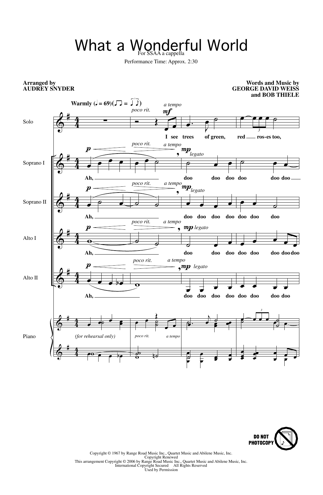 Louis Armstrong What A Wonderful World (arr. Audrey Snyder) Sheet Music Notes & Chords for SSAA Choir - Download or Print PDF