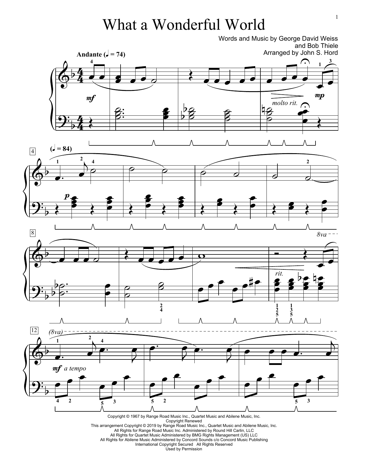 Louis Armstrong What A Wonderful World (arr. John S. Hord) Sheet Music Notes & Chords for Educational Piano - Download or Print PDF