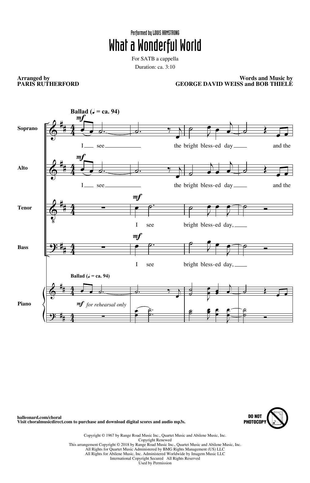 Louis Armstrong What A Wonderful World (arr. Paris Rutherford) Sheet Music Notes & Chords for SATB Choir - Download or Print PDF