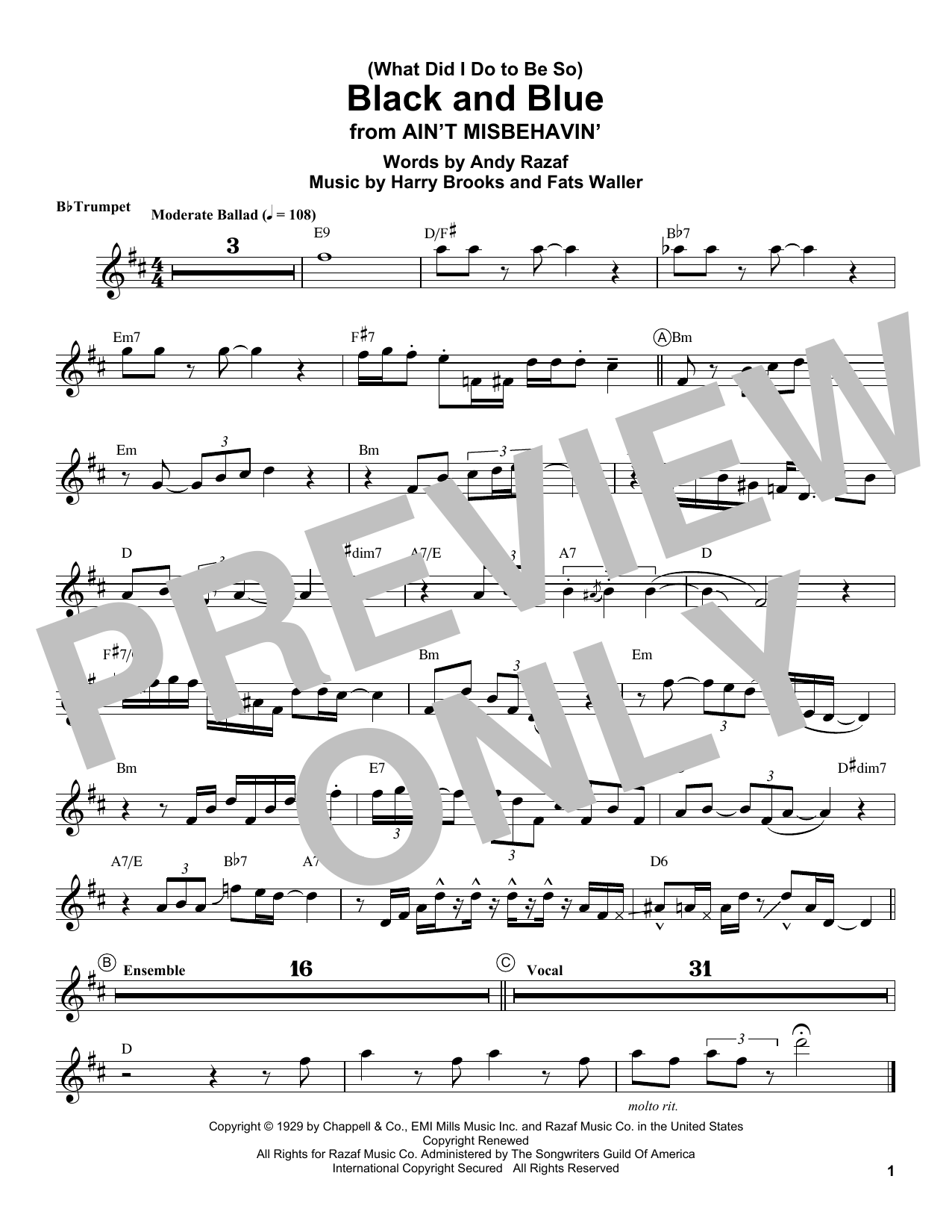 Louis Armstrong (What Did I Do To Be So) Black And Blue Sheet Music Notes & Chords for Trumpet Transcription - Download or Print PDF