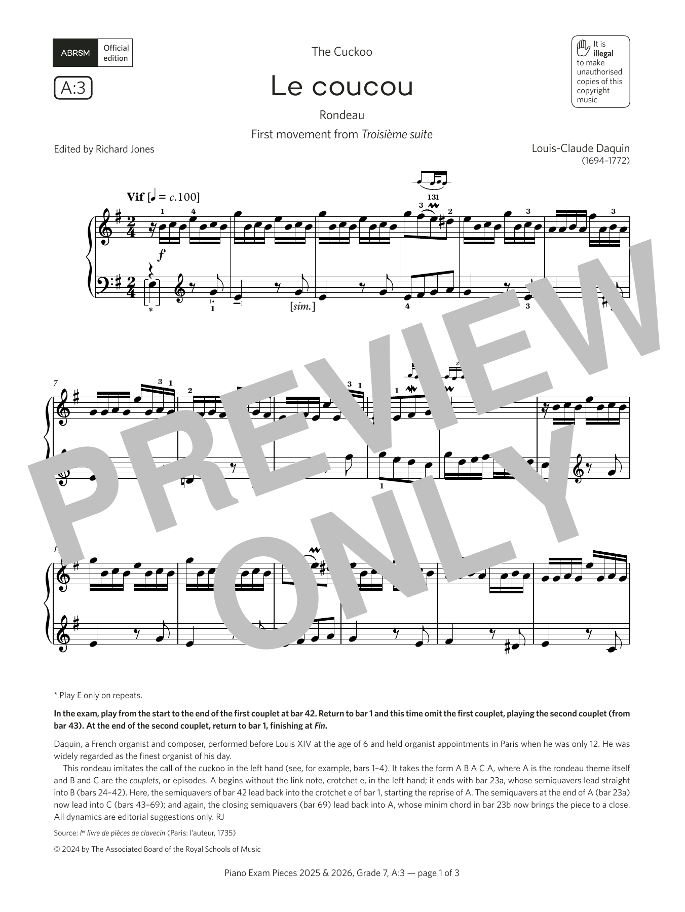 Louis-Claude Daquin Le coucou (Grade 7, list A3, from the ABRSM Piano Syllabus 2025 & 2026) Sheet Music Notes & Chords for Piano Solo - Download or Print PDF