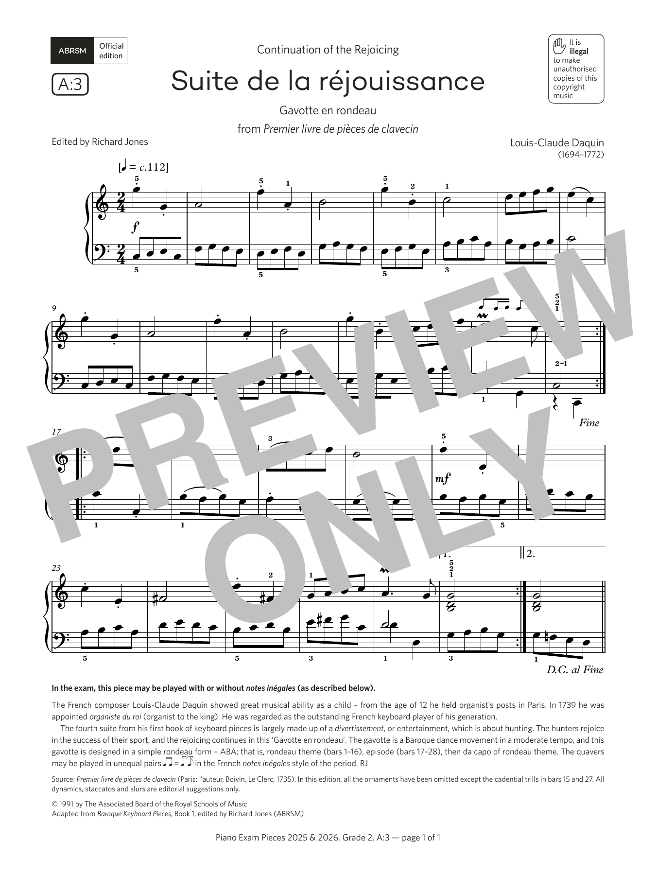 Louis-Claude Daquin Suite de la réjouissance (Grade 2, list A3, from the ABRSM Piano Syllabus 2025 & 2026) Sheet Music Notes & Chords for Piano Solo - Download or Print PDF