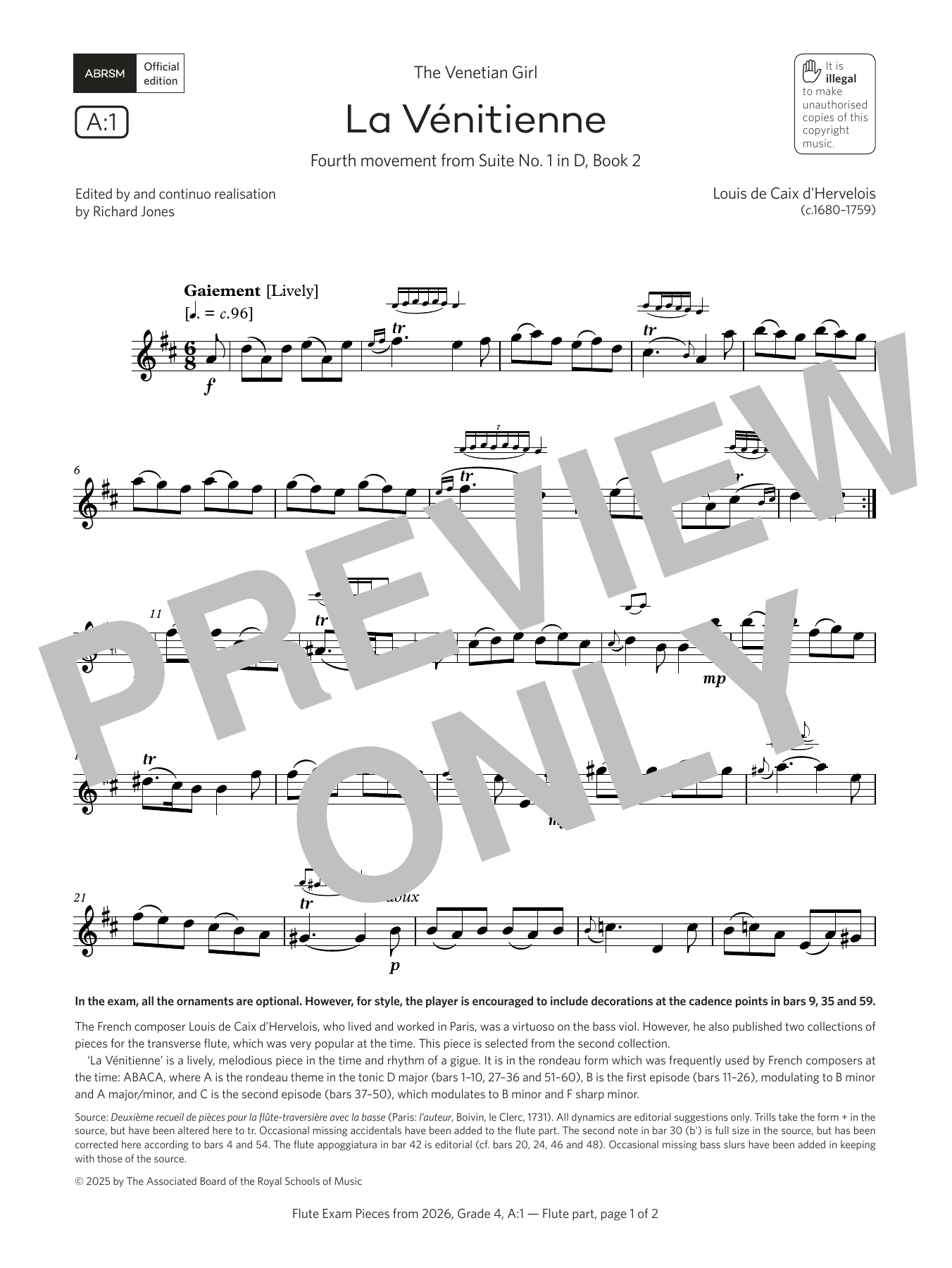 Louis de Caix d'Hervelois La Vénitienne (Grade 4, list A1, from the ABRSM Flute Syllabus from 2026) Sheet Music Notes & Chords for Flute Solo - Download or Print PDF Louis de Caix d'Hervelois La Vénitienne (Grade 4, list A1, from the ABRSM Flute Syllabus from 2026) Sheet Music Notes & Chords for Flute Solo - Download or Print PDF