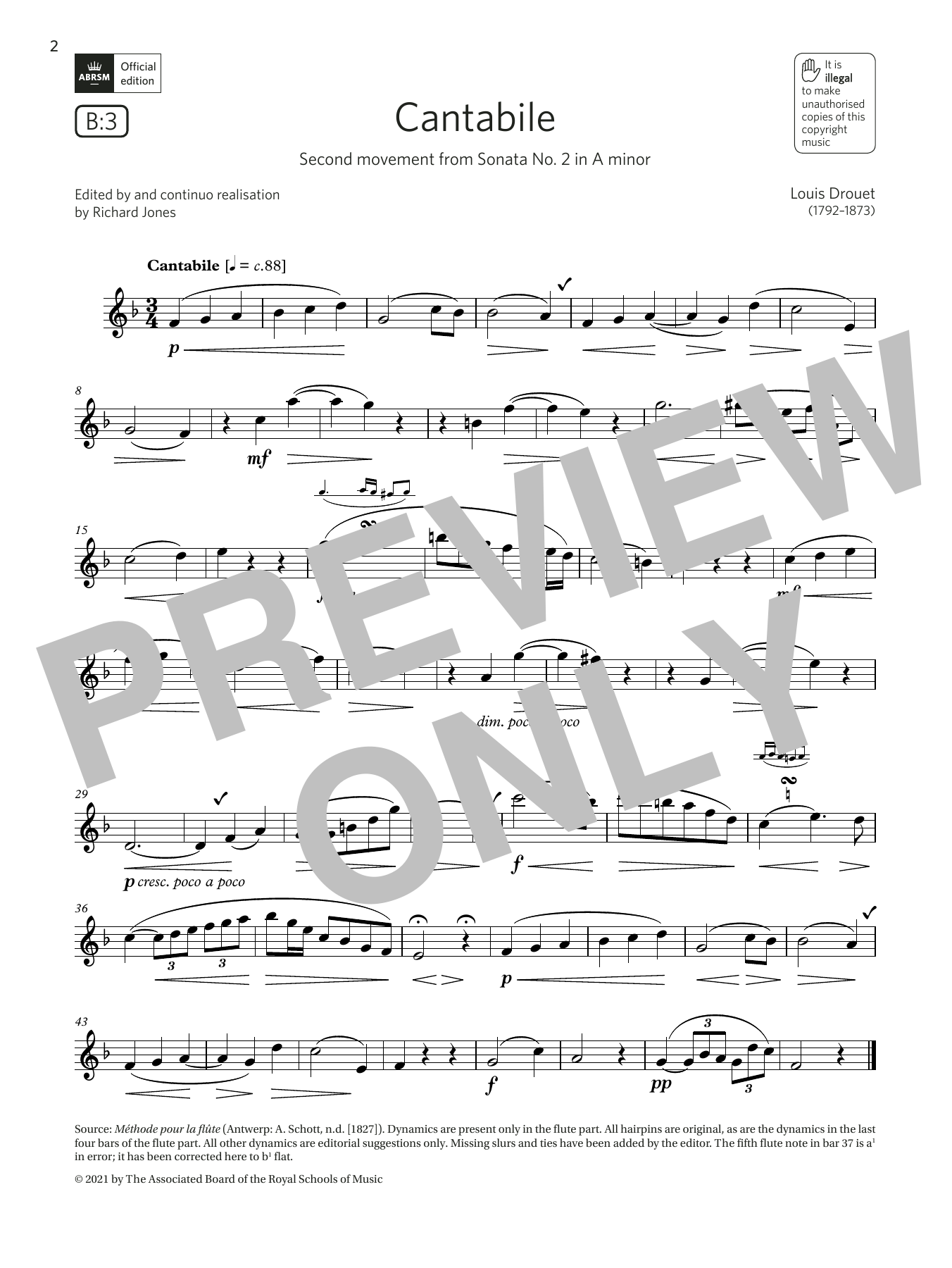Louis Drouet Cantabile (from Sonata No. 2 in A minor) (Grade 4 List B3 from the ABRSM Flute syllabus from 2022) Sheet Music Notes & Chords for Flute Solo - Download or Print PDF
