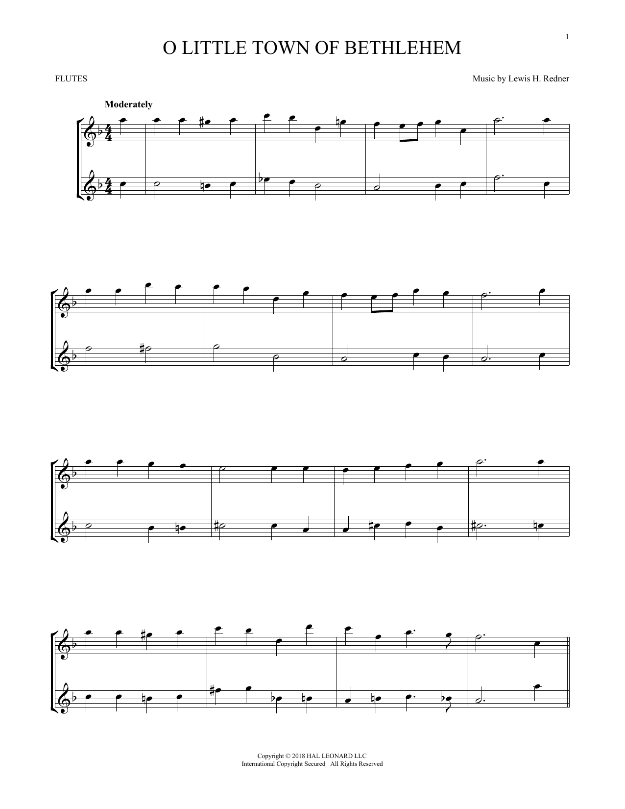 Lewis H. Redner O Little Town Of Bethlehem Sheet Music Notes & Chords for Flute Duet - Download or Print PDF