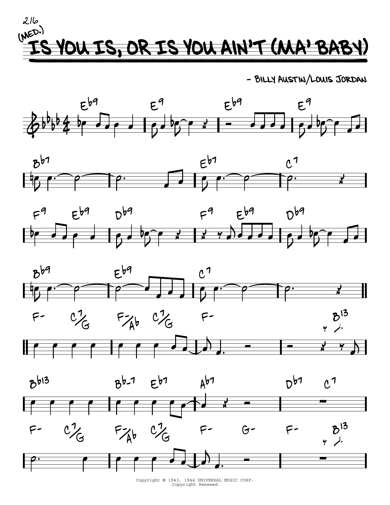Louis Jordan and his Tympany Five Is You Is, Or Is You Ain't (Ma' Baby) [Reharmonized version] (arr. Jack Grassel) Sheet Music Notes & Chords for Real Book – Melody & Chords - Download or Print PDF