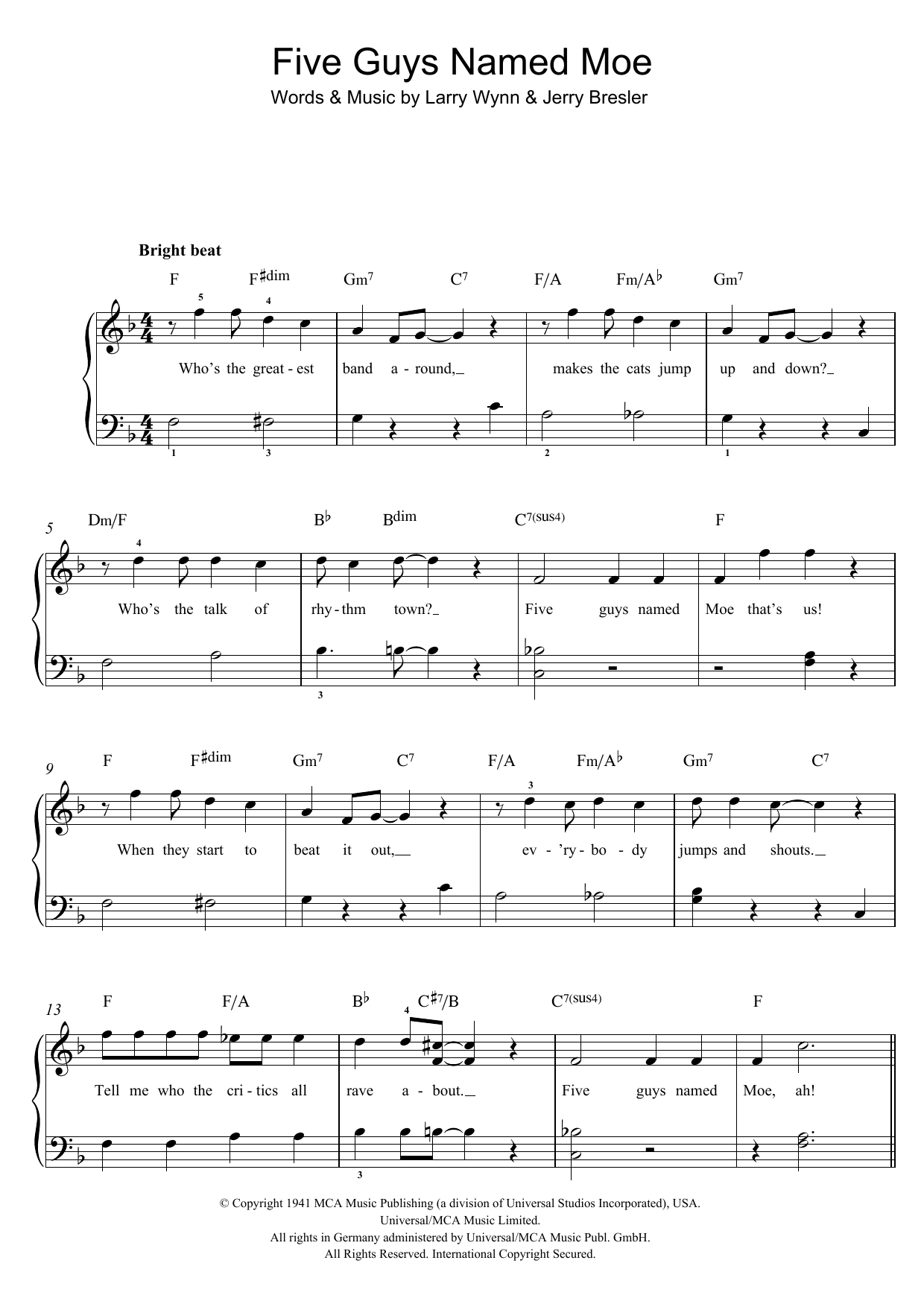 Louis Jordan Five Guys Named Moe Sheet Music Notes & Chords for Beginner Piano - Download or Print PDF