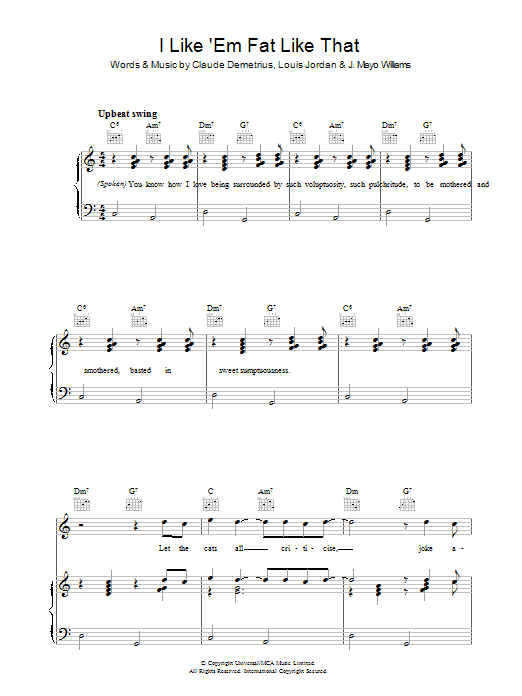 Claude Demetrius I Like 'em Fat Like That Sheet Music Notes & Chords for Piano, Vocal & Guitar (Right-Hand Melody) - Download or Print PDF