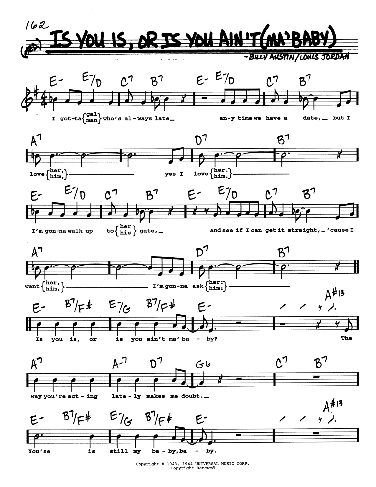 Louis Jordan Is You Is, Or Is You Ain't (Ma' Baby) (Low Voice) Sheet Music Notes & Chords for Real Book – Melody, Lyrics & Chords - Download or Print PDF Louis Jordan Is You Is, Or Is You Ain't (Ma' Baby) (Low Voice) Sheet Music Notes & Chords for Real Book – Melody, Lyrics & Chords - Download or Print PDF