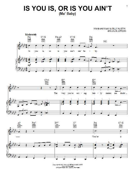 Louis Jordan Is You Is, Or Is You Ain't (Ma' Baby) Sheet Music Notes & Chords for Piano, Vocal & Guitar Chords (Right-Hand Melody) - Download or Print PDF