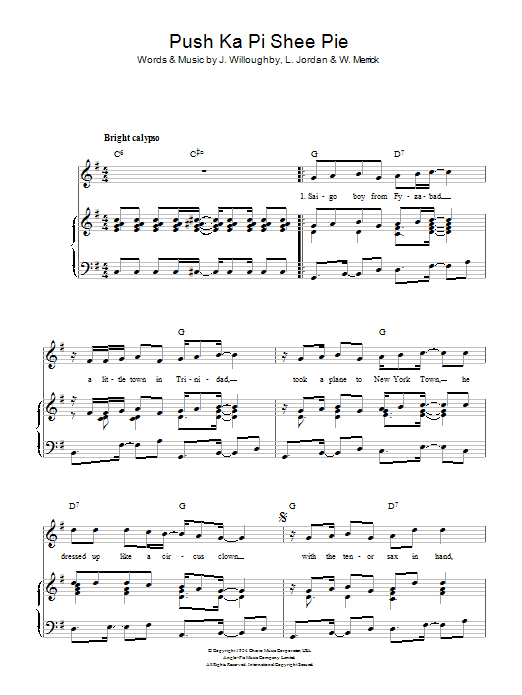 Louis Jordan Push Ka Pi Shee Pie Sheet Music Notes & Chords for Piano, Vocal & Guitar (Right-Hand Melody) - Download or Print PDF