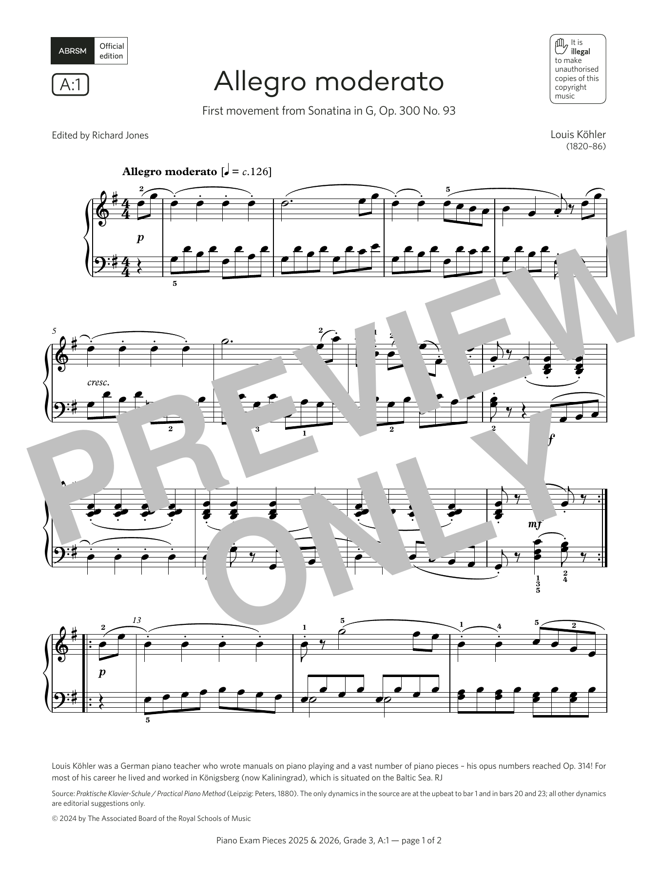 Louis Köhler Allegro moderato (Grade 3, list A1, from the ABRSM Piano Syllabus 2025 & 2026) Sheet Music Notes & Chords for Piano Solo - Download or Print PDF