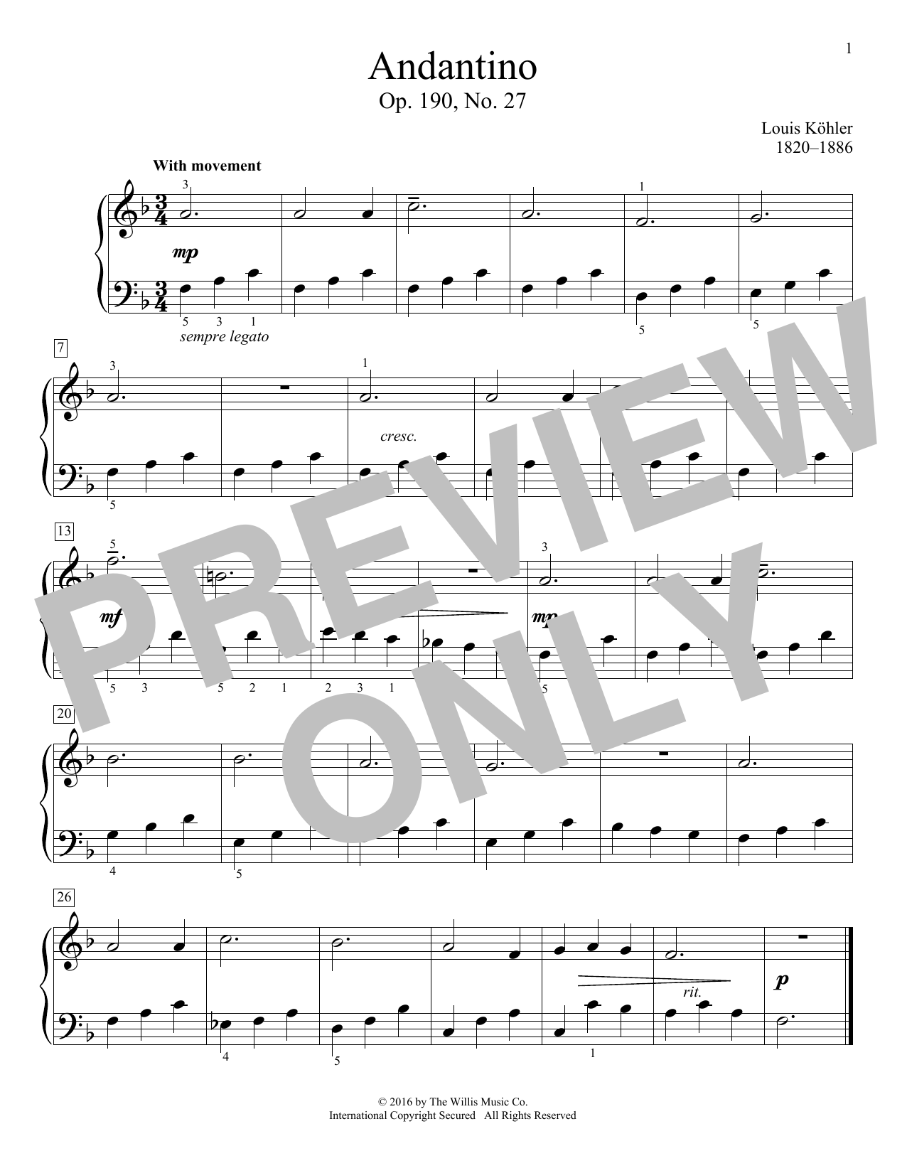 Louis Kohler Andantino, Op. 190, No. 27 Sheet Music Notes & Chords for Educational Piano - Download or Print PDF