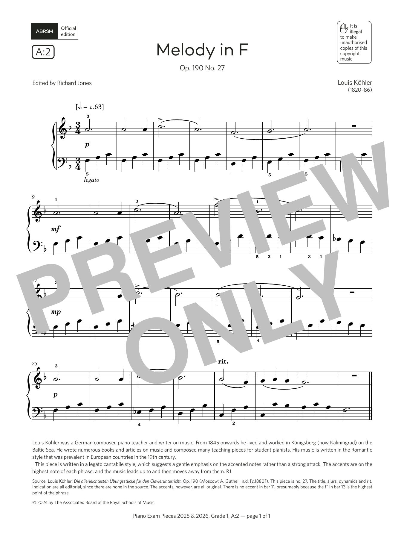 Louis Köhler Melody in F (Grade 1, list A2, from the ABRSM Piano Syllabus 2025 & 2026) Sheet Music Notes & Chords for Piano Solo - Download or Print PDF