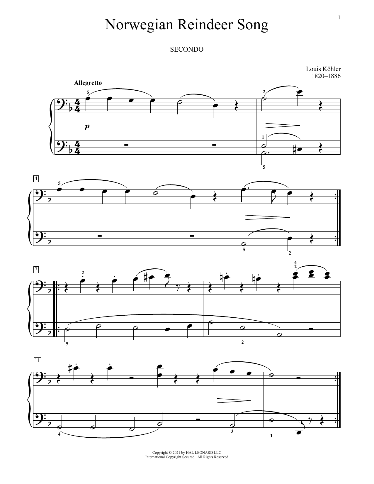 Louis Kohler Norwegian Reindeer Song Sheet Music Notes & Chords for Piano Duet - Download or Print PDF