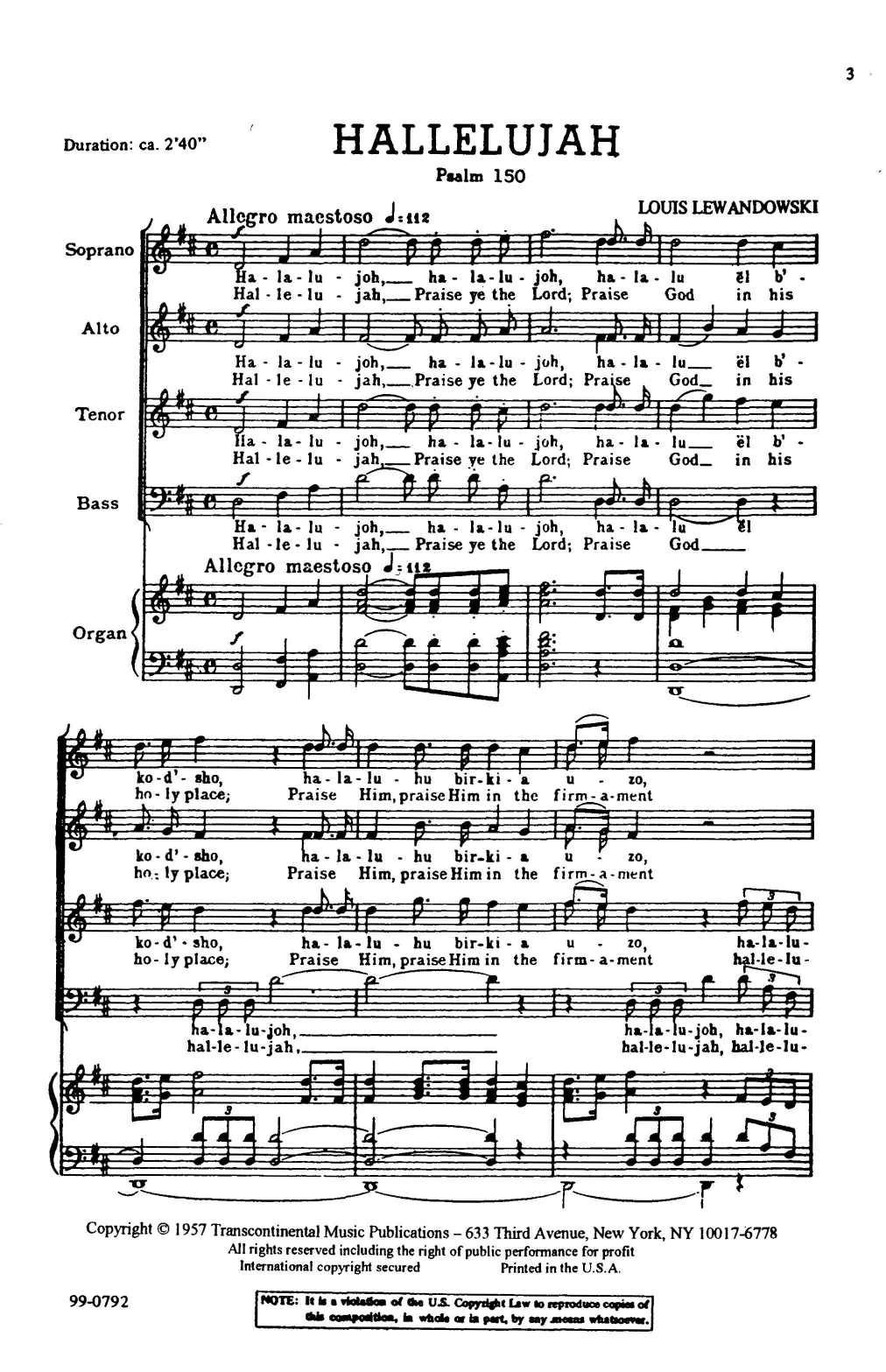 Louis Lewandowski Hallelujah (Psalm 150) Sheet Music Notes & Chords for SATB Choir - Download or Print PDF