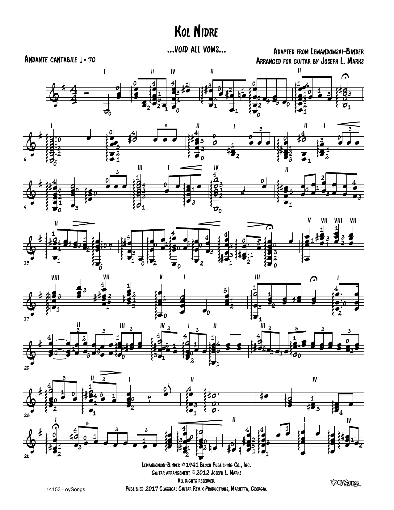 Louis Lewandowski Kol Nidre (arr. Joe Marks) Sheet Music Notes & Chords for Solo Guitar Tab - Download or Print PDF