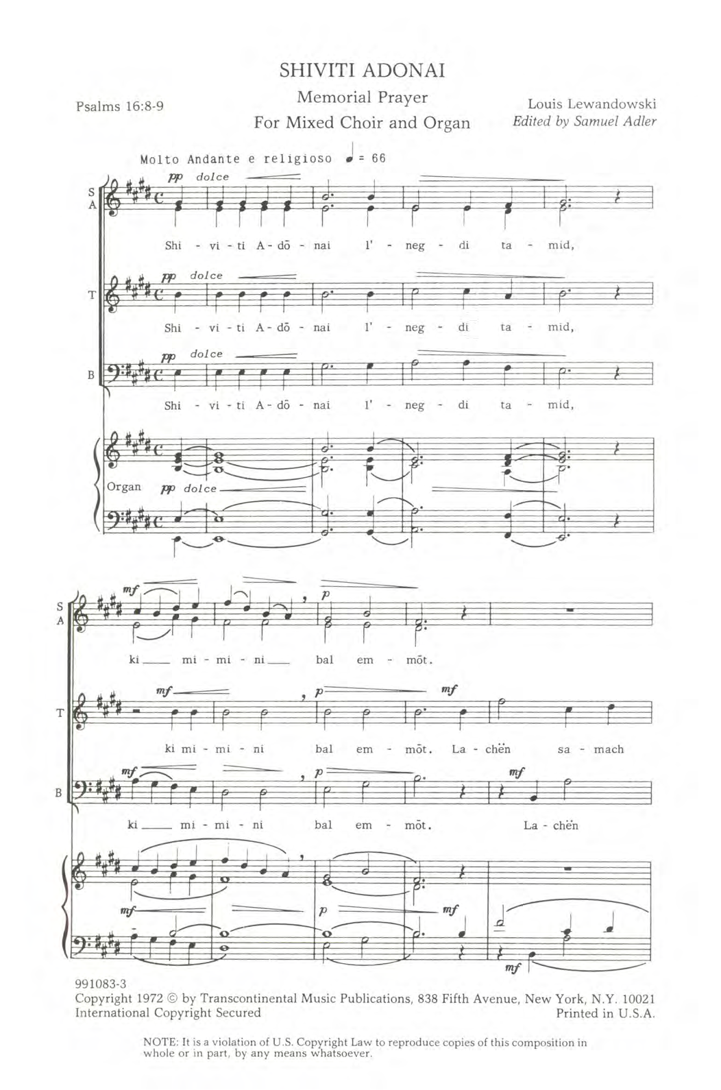 Louis Lewandowski Shiviti Adonai Sheet Music Notes & Chords for Choral - Download or Print PDF