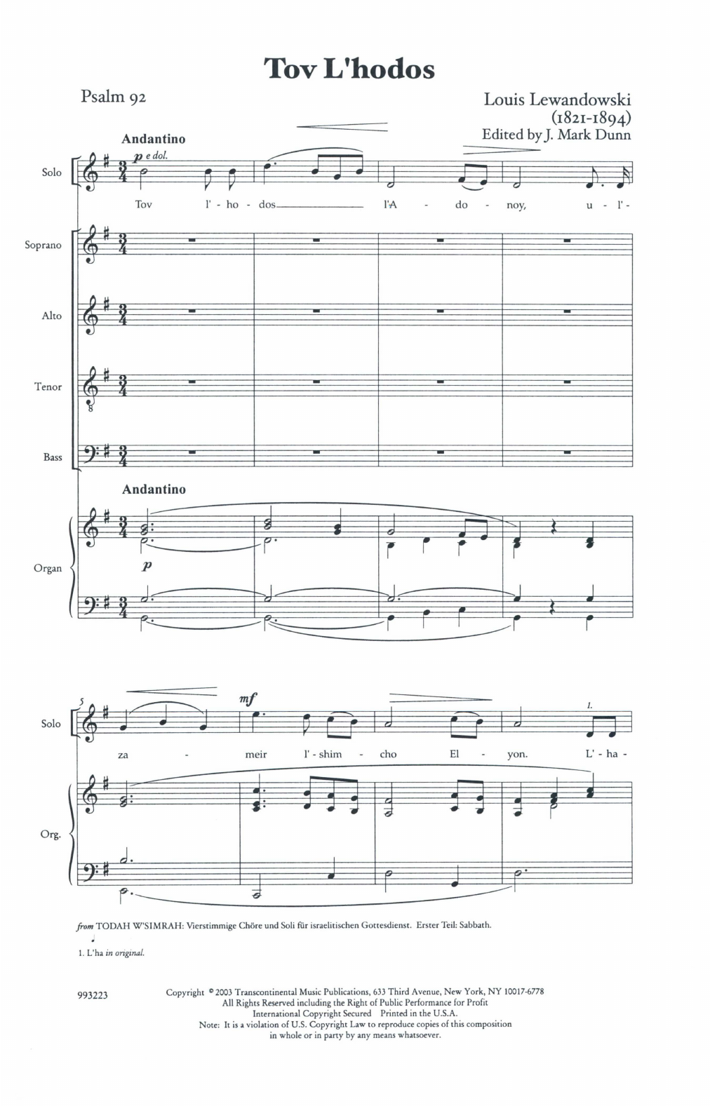 Louis Lewandowski Tov L'hdot (it Is Good To Give Thanks) Sheet Music Notes & Chords for SATB Choir - Download or Print PDF
