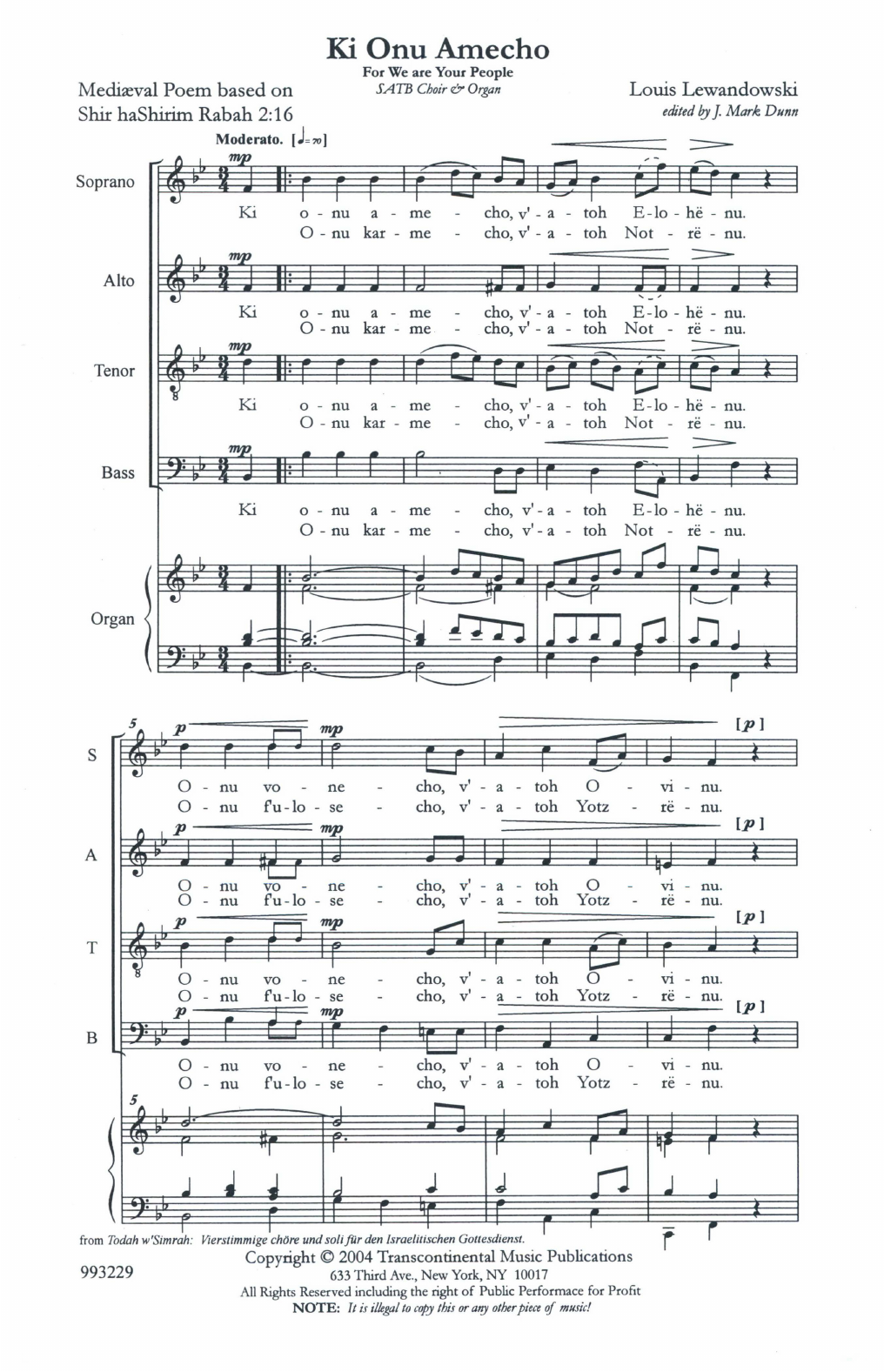 Louis Lewandowski Two Settings of Ki Onu Omecho Sheet Music Notes & Chords for SATB Choir - Download or Print PDF