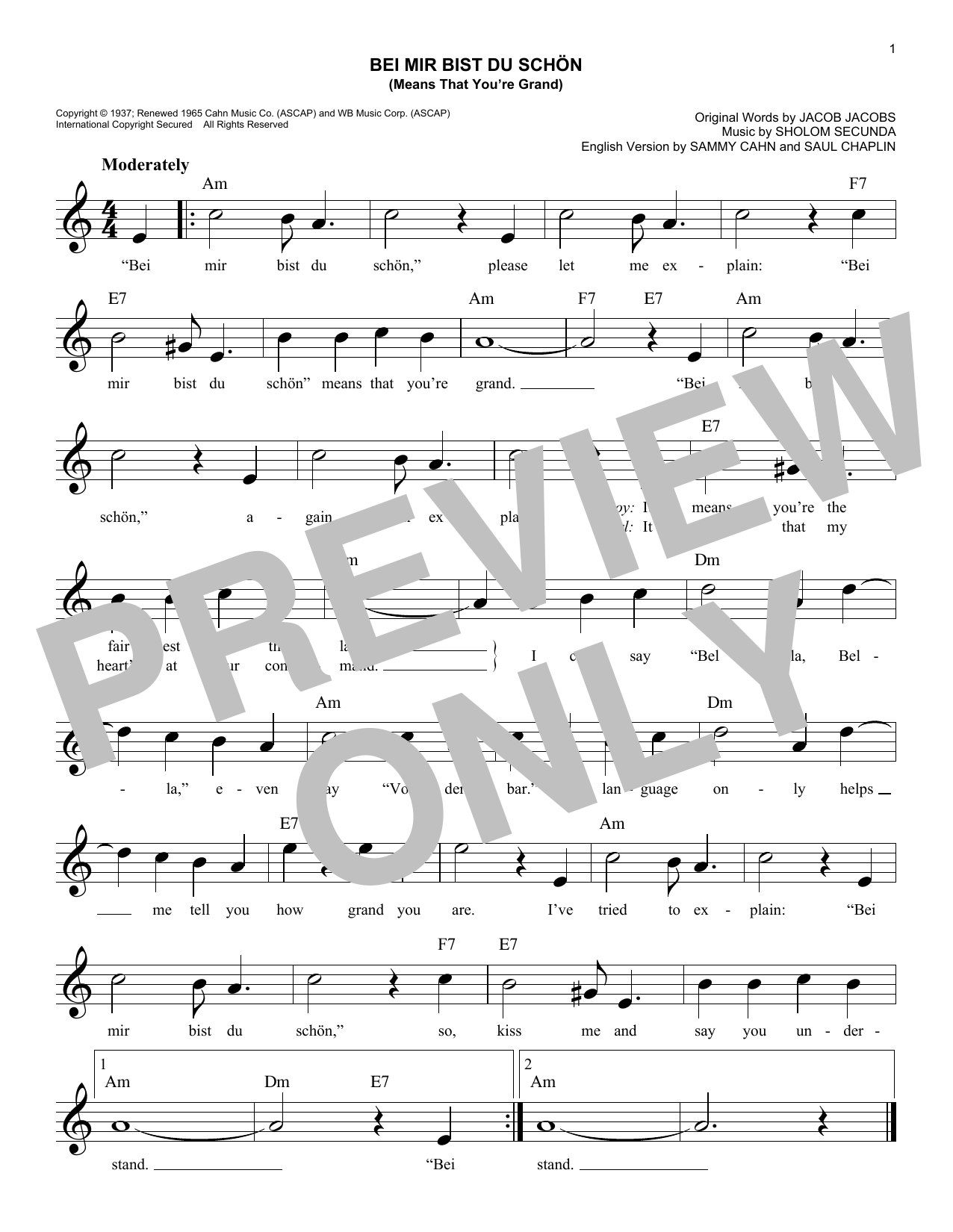 Louis Prima & Keely Smith Bei Mir Bist Du Schon (Means That You're Grand) Sheet Music Notes & Chords for Melody Line, Lyrics & Chords - Download or Print PDF