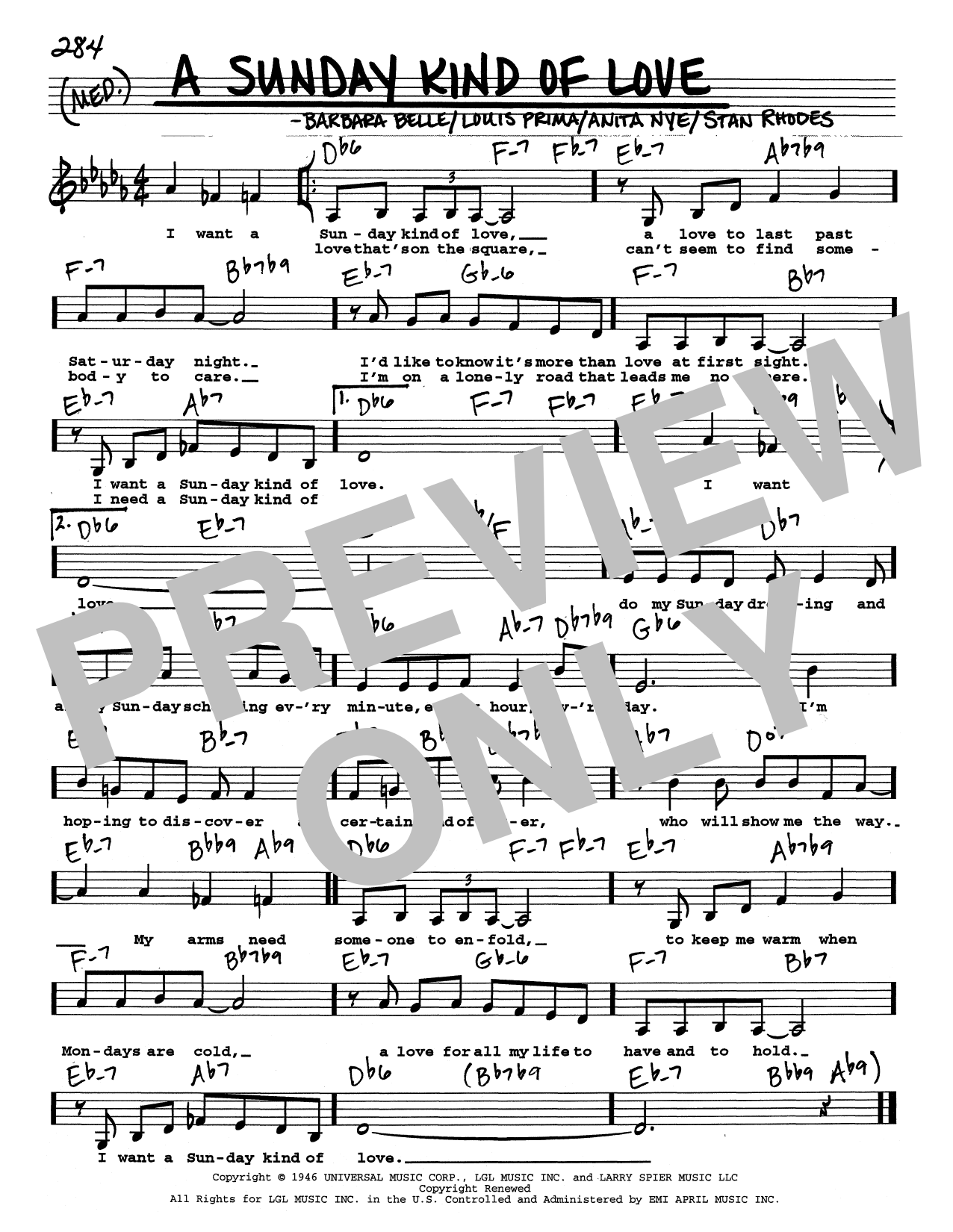 Louis Prima A Sunday Kind Of Love (Low Voice) Sheet Music Notes & Chords for Real Book – Melody, Lyrics & Chords - Download or Print PDF