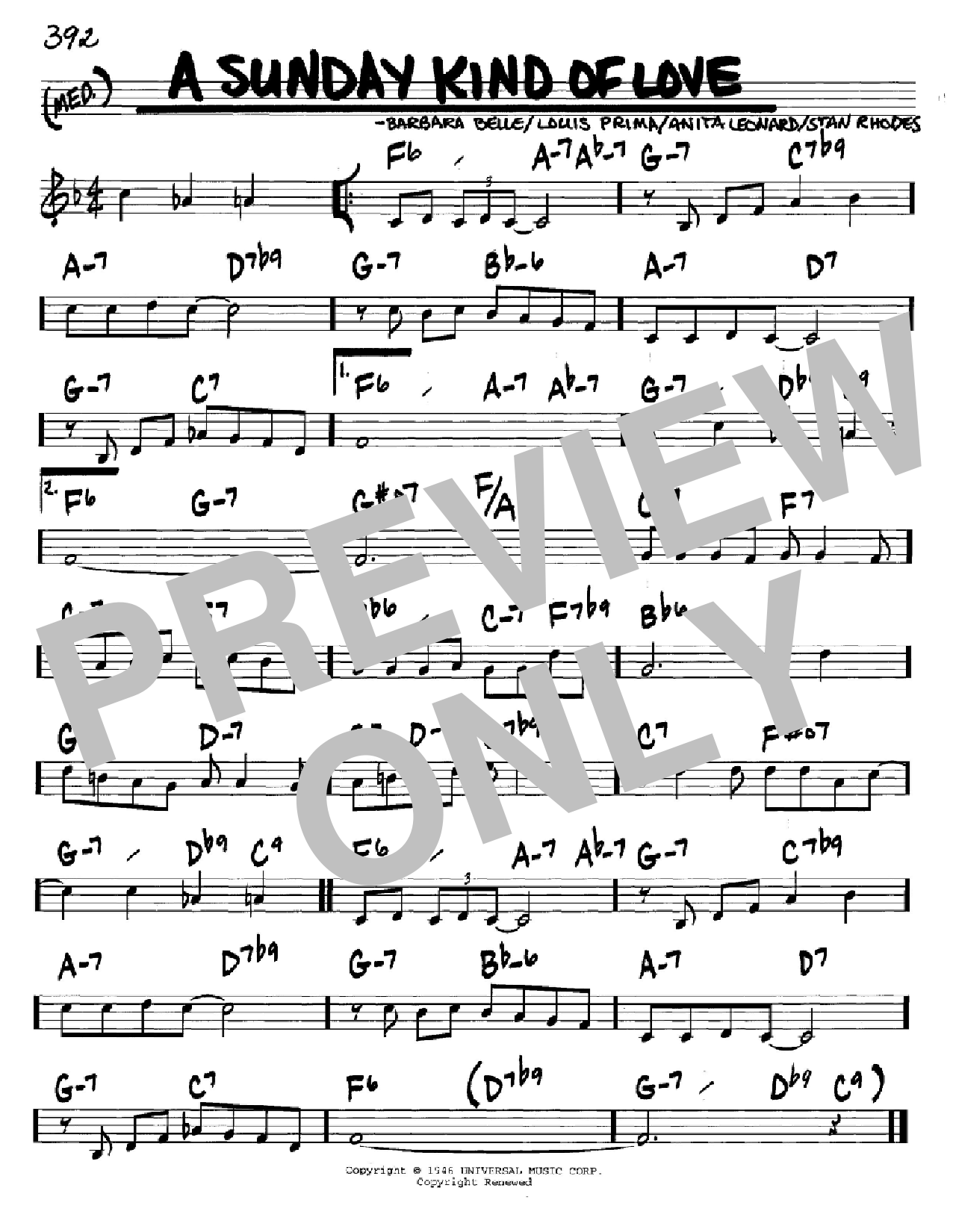 Louis Prima A Sunday Kind Of Love Sheet Music Notes & Chords for Real Book - Melody & Chords - C Instruments - Download or Print PDF